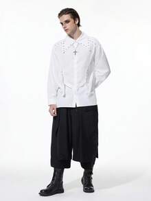 ROMWE MEN Goth 男士休闲金属孔眼前扣长袖衬衫 - 淺藍色 - 查看 6