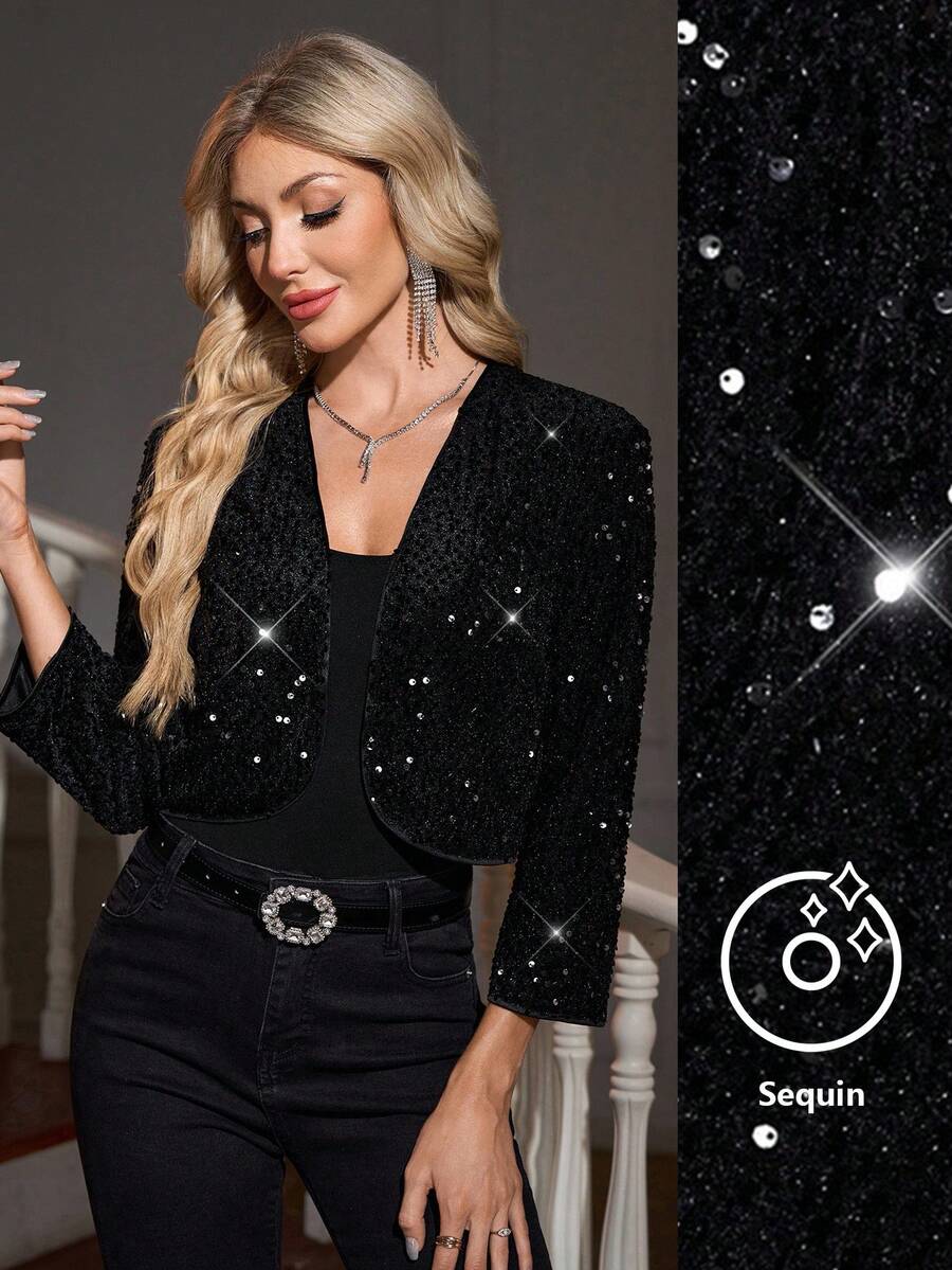 SHEIN Clasi 女士优雅性感排毒善良亮片夹克，黑色串珠 - 黑色 - 查看 1