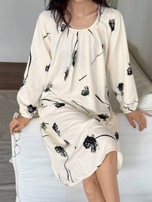 DAZY Floral Print Pleated Lantern Sleeve Loose Long Women Nightgown, Fall Pajama - Beige - View 1