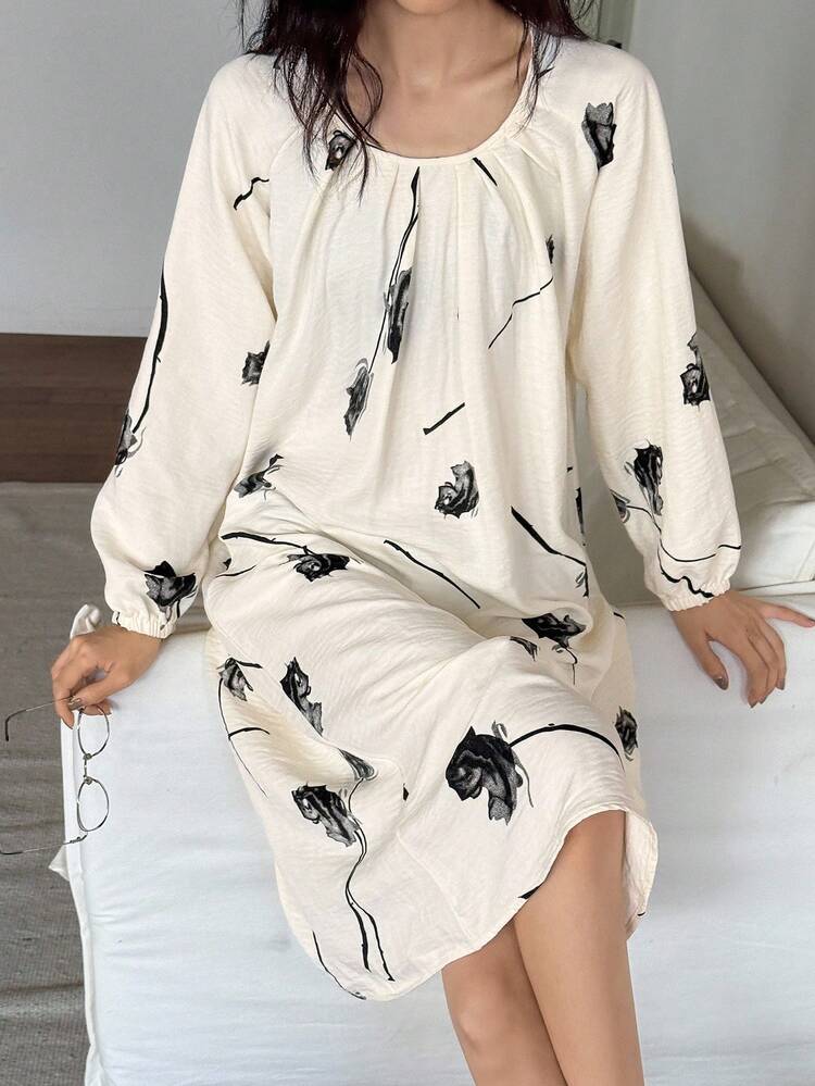 Floral Print Pleated Lantern Sleeve Loose Long Women Nightgown, Fall Pajama
