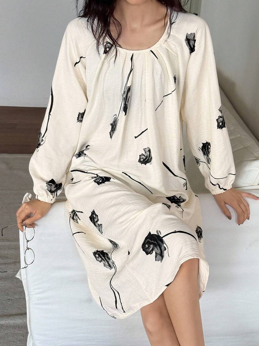 DAZY Floral Print Pleated Lantern Sleeve Loose Long Women Nightgown, Fall Pajama - Beige - View 1