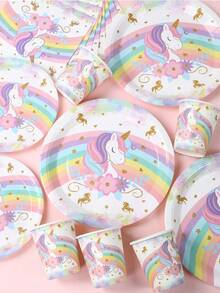 Set 8 veselă decorativă de unică folosință cu tematică de unicorn, 8 farfurii de hârtie de unică folosință de 7 inch și 9 inch, 8 pahare de hârtie, 16 șervețele, tacâmuri de hârtie potrivite pentru petreceri în familie, veselă în stil unicorn curcubeu, provizii de ziua de naștere.