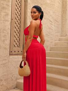 Sirith 女式纯色金属环连接镂空设计褶饰性感吊带连衣裙 - 紅色 - 查看 2