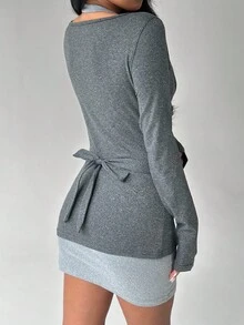 SHEIN MOOSTA 2pcs Women Grey Wrap-Style Contrast Color Sleeveless Dress, Casual Everyday Wear & Loungewear - Dark Grey - View 2