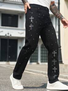 Manfinity LEGND 男士街头时尚十字水钻装饰口袋牛仔裤 - 黑色 - 查看 5