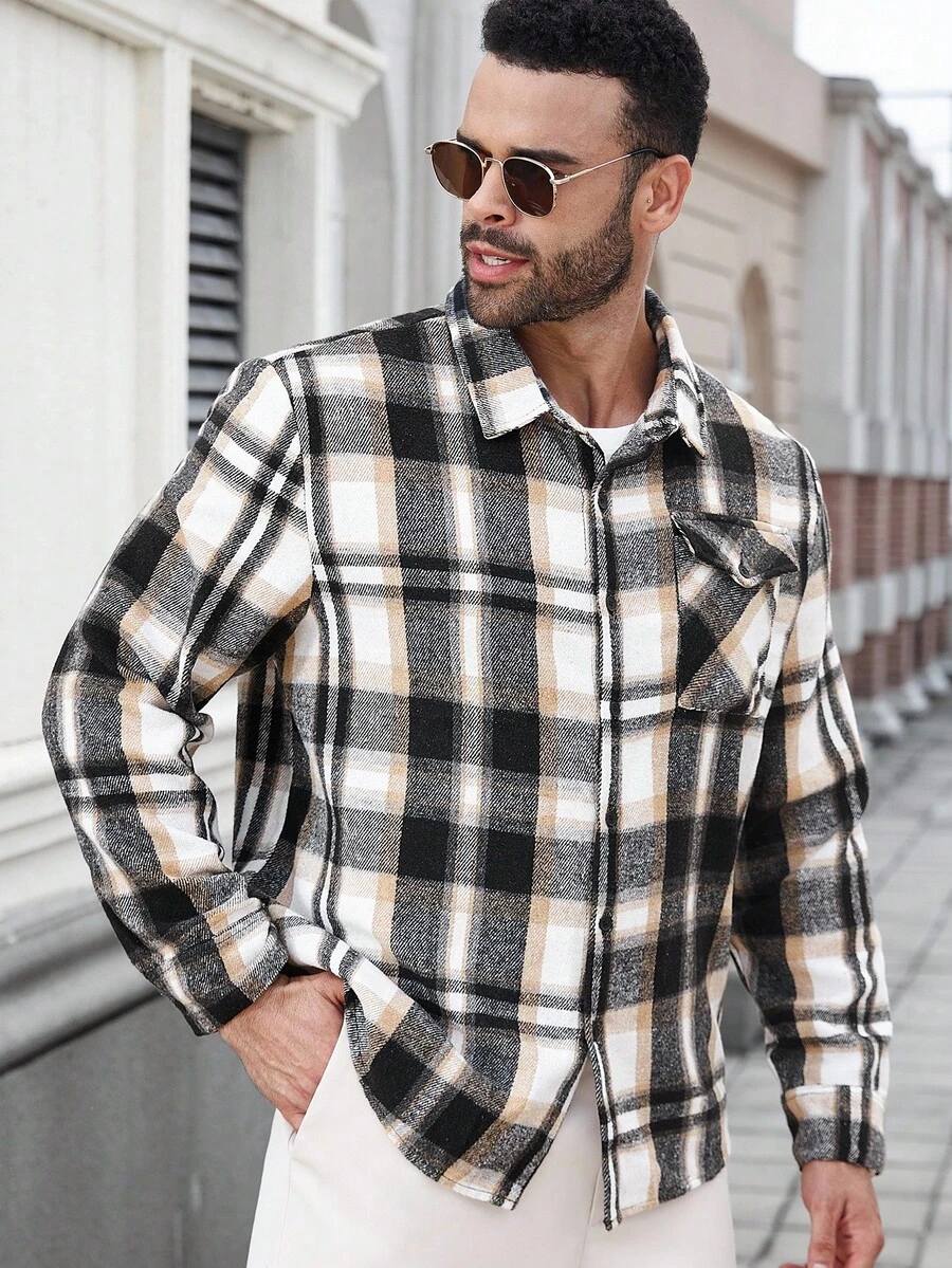 Manfinity Homme 男士加大码格子长袖单排扣休闲外套，秋季