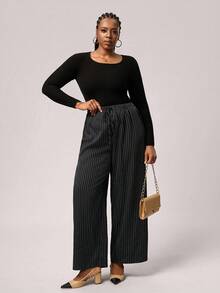 SHEIN Tall CURVE 大码休闲宽松条纹阔腿裤商务休闲女装，适合秋冬季 - 粉色 - 查看 5