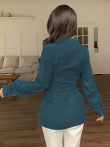 Modelyn 纯色系带优雅抽绳领带时尚衬衫蓝绿色衬衫紧身胸衣衬衫蓝绿色衬衫蓝绿色上衣女士衬衫 - 水鴨藍 - 查看 3