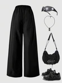 SHEIN Explorewe Tween Boys Casual Street Style Star Elastic Waist Black Pants Fall Winter - Black - View 2