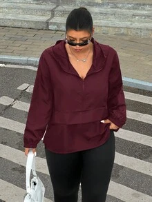 SHEIN EZwear Plus Size Casual Solid Color Half-Zip Hooded Jacket, Autumn - Burgundy - View 6
