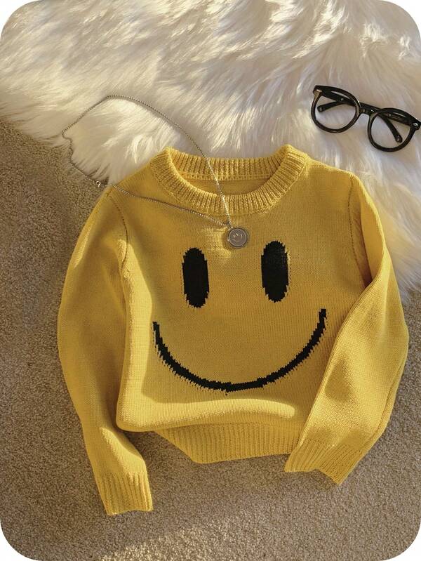 SHEIN 1pc Soft, Comfortable & Cute Smiling Face Knitted Crew Neck Pullover Sweatshirt, Long Sleeve Sweatshirt, Suitable For Daily Wear, Outings, School, Gatherings, Holidays, Christmas, New Year, Spring/Summer/Autumn/Winter