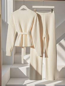 Franclia 2件套春季新品高品质韩版简约百搭优雅女士毛衣套装 - 杏色 - 查看 2