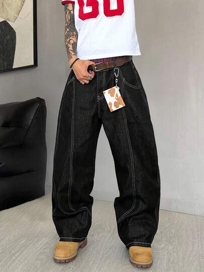 STEELVANCE Men's Casual Fashion Street Contrast Stitch Loose Wide-Leg Jeans, Belt Not Included, Grunge