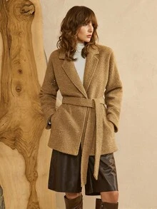 SHEIN LUNE Women's Sequined H-Shaped Lapel Waist Tie Design Single-Breasted Metal Decoration Overcoat Daily Commuting Fall Business Casual Western Wear - Brown - View 6