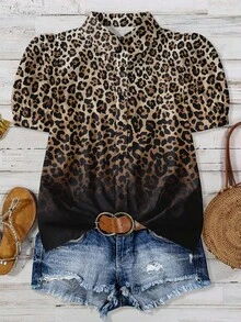 EMERY ROSE 大码休闲度假豹纹渐变泡泡袖衬衫夏季女装复活节波西米亚文艺复兴博览会婚礼宾客礼服女装母亲节简约时尚度假 - 彩色 - 查看 1
