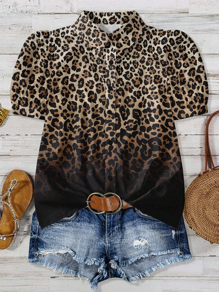 EMERY ROSE 大码休闲度假豹纹渐变泡泡袖衬衫夏季女装复活节波西米亚文艺复兴博览会婚礼宾客礼服女装母亲节简约时尚度假 - 彩色 - 查看 1