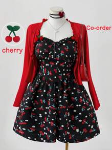 Sunspun 加大码 Sweetro-D 两件套可爱服装套装，可爱浪漫校园风格度假时尚樱桃印花 V 领褶皱 A 字连衣裙，搭配时尚荷叶边领长袖夹克，适合日常外出、返校季、居家约会度假