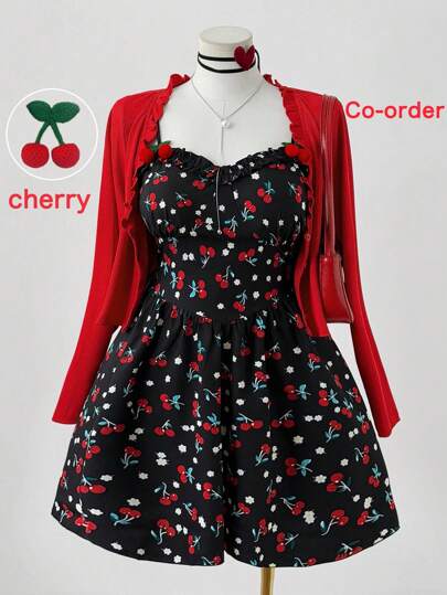 Sunspun Plus Size Sweetro-D 2-Piece Cute Clothes Set, Adorable Romantic School Style Vacation Fashion Cherry Print V-Neck Pleated A-Line Dress With Fashionable Ruffle Collar Long Sleeve Jacket, Suitable For Daily Outings, Back To School Season, Home Dates Vacation Fall Cloth For Women