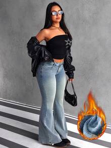 SHEIN ICON Women's Flared Light Green Ombre Pocket Vintage Cross Graphic Print Casual Jeans