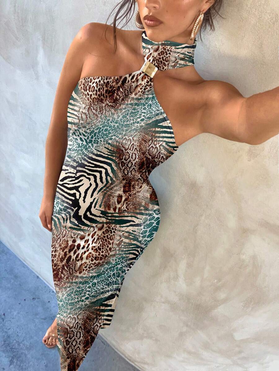 Aloruh Đầm maxi bodycon khoét lưng họa tiết da báo kaki thanh lịch và gợi cảm dành cho nữ kèm khóa kim loại trang trí, thích hợp cho tiệc tùng và tụ tập - trắng - Xem 1