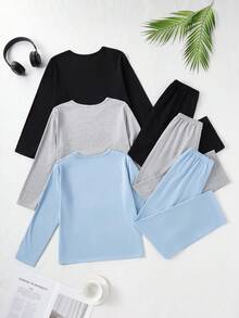 6pcs Tween Boys Casual Comfortable Pajama Set, Includes Long Sleeve Top With Fashionable Letter Print And Solid Color Relaxed Fit Pants Fall Winter - Multicolor - View 2