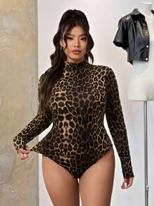 SHEIN EZwear Plus Size Women Leopard Print Turtleneck Bodysuit - Black - View 3