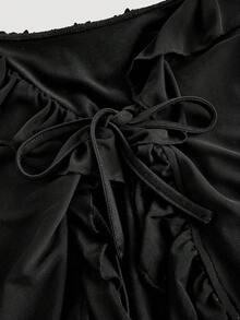SHEIN MOD 女式优雅纯色 V 领系带喇叭袖荷叶边透明衬衫 - 黑色 - 查看 9
