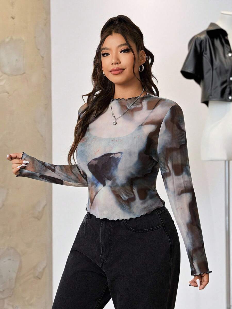 SHEIN EZwear Women Plus Size Floral Lace Long Sleeve Simple Blouse, Casual Daily Wear