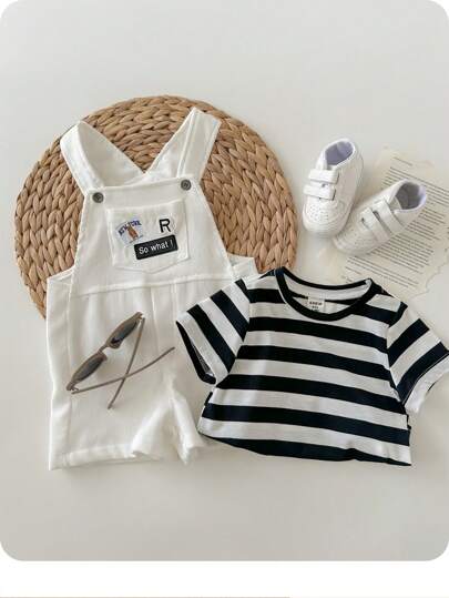 2 件装男婴中性休闲可爱插肩宽松条纹圆领针织上衣 T 恤和围兜工装短裤套装适合春夏日常装