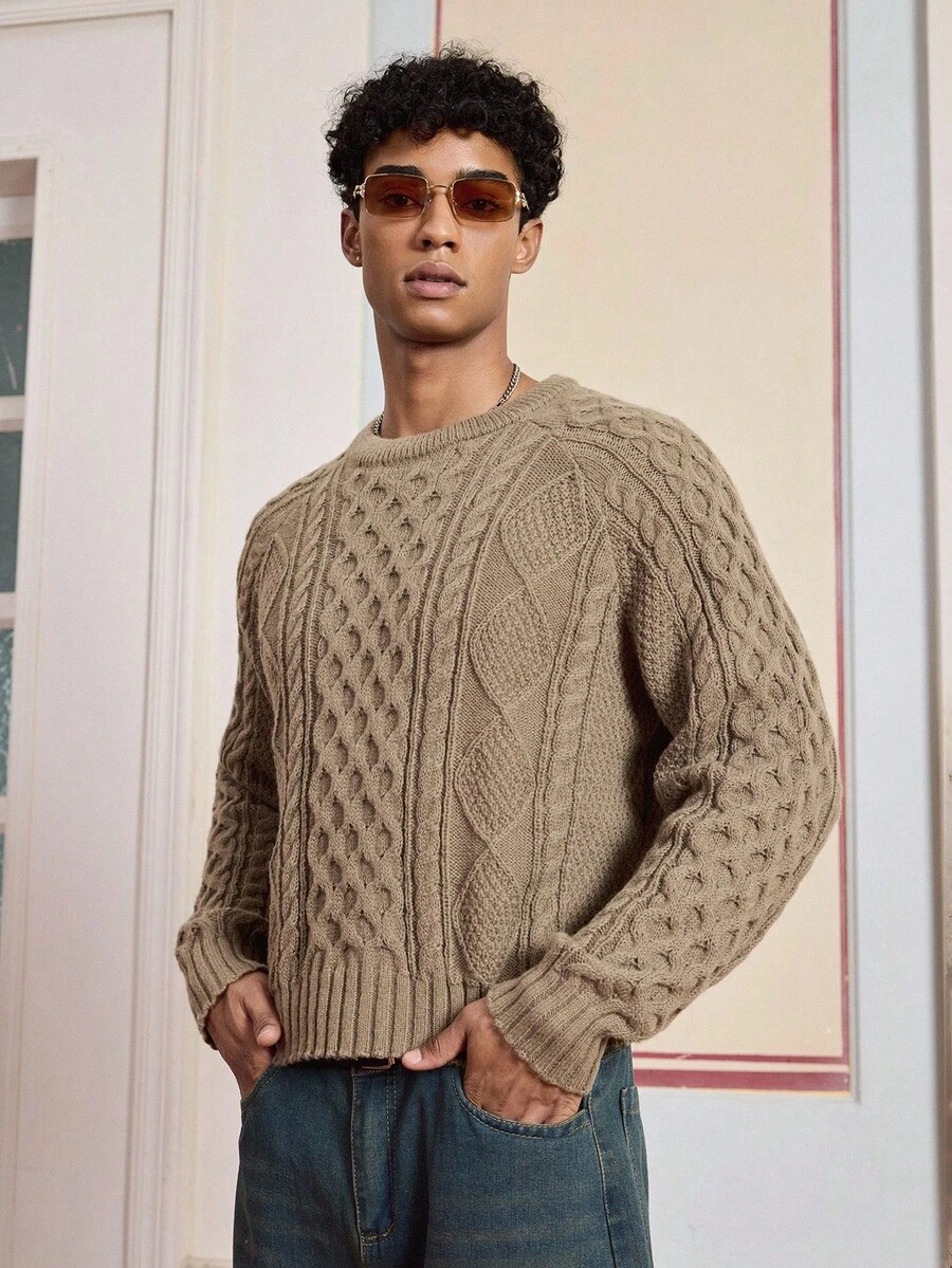 SWAVVY 男士时尚休闲粗线花纹圆领长袖毛衣，秋季，秋冬 - 卡其色 - 查看 1