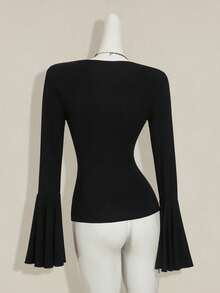 SHEIN ICON 女式长袖翻领喇叭袖复古上衣，舒适时尚，适合居家、旅行、秋冬穿着 - 黑色和金色 - 查看 2