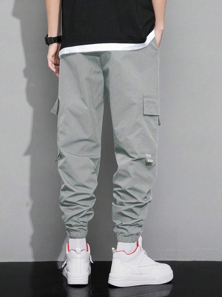 Claim Dot Pantalones cargo con estampado de expresión, bolsillo con solapa y cordón en la cintura, para otoño - Gris Claro - Añade 2