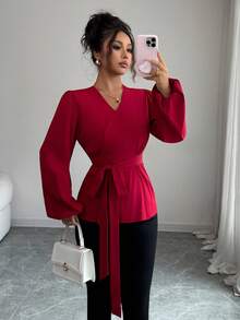 Elenzga 女士V领束腰优雅酒红色衬衫 - 酒紅色 - 查看 1