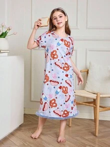 Girls Cartoon Dessert Print Ruffle Hem Short Sleeve Nightgown Girls Pajama Dress Kids Nightgown Girls Sleep Dress Girls Night Dress Girls Nighty - Multicolor - View 3