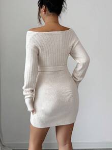 Elenzga Vestido de punto elegante de manga larga con escote en V profundo y lazo para mujer - Albaricoque - Ver 2