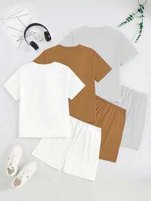 SHEIN 返校时尚三件套/青少年男童休闲字母印花图案短袖T恤和短裤家居服套装 男童图案T恤套装 男童夏季套装 - 彩色 - 查看 2