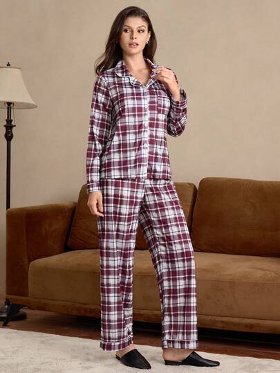 SHEIN EverLounge 2 piezas Conjunto de pijama de mujer con blusa de manga larga a cuadros y pantalones sueltos, ropa de otoño