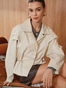 SHEIN Unity Avenne Elegant PU Leather Casual Solid Color Long Sleeve Button Women Jackets - Apricot - View 1
