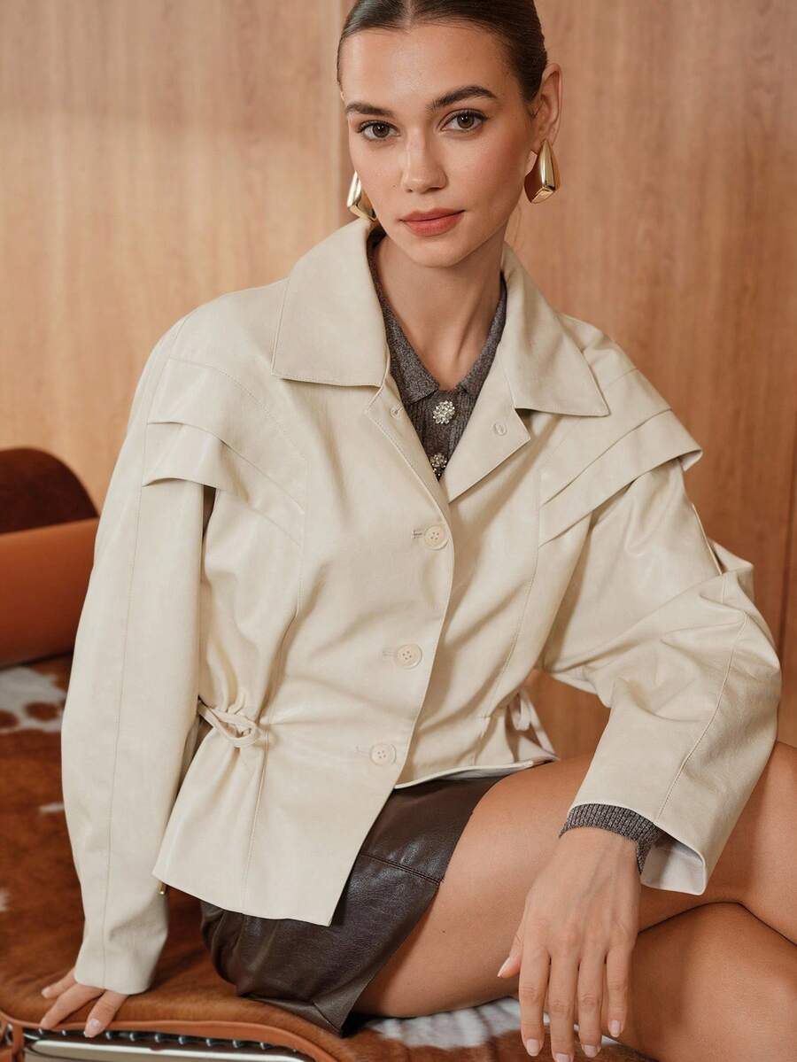 SHEIN Unity Avenne Elegant PU Leather Casual Solid Color Long Sleeve Button Women Jackets - Apricot - View 1