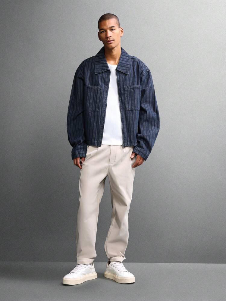Pin Stripe Denim Jacket With Front Zipper And Patch Pockets