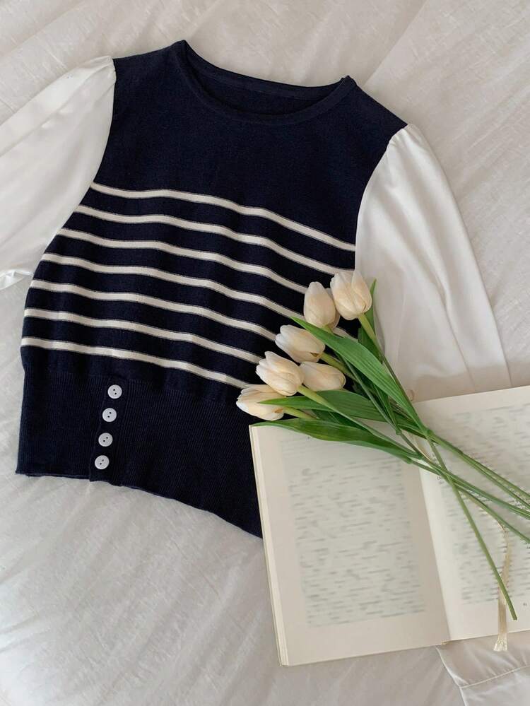 Patchwork Contrast Color Striped Round Neck Long Sleeve Casual Pullover Sweater For Women, Autumn/Winter
