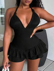 Alexandranx Summer Sexy Lace-Up Ruffle Back Halter Bodycon Romper - Black - View 3