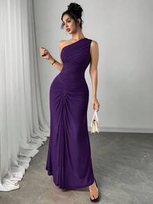 Firerie 女士新款优雅红裙褶饰网纱连衣裙、度假裙、酒红色裙子/海边、派对、酒会/演唱会/郊游休闲 - 紫色 - 查看 3