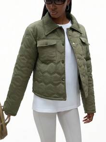 Aveloria GENKIRA Shirt Collar Casual Jacket, Fashion Pocket Padded Coat, Lightweight Outerwear Fall Winter Cloth For Women - Army Green - View 4
