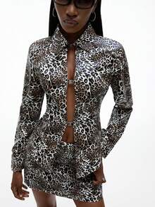 Aveloria GENKIRA Leopard Print PU Leather Hollow Front Random Print Shirt Paired With Skirt, Fashionable & Edgy 2 Pieces Set For Women Fall Cloth For Women - Multicolor - View 1
