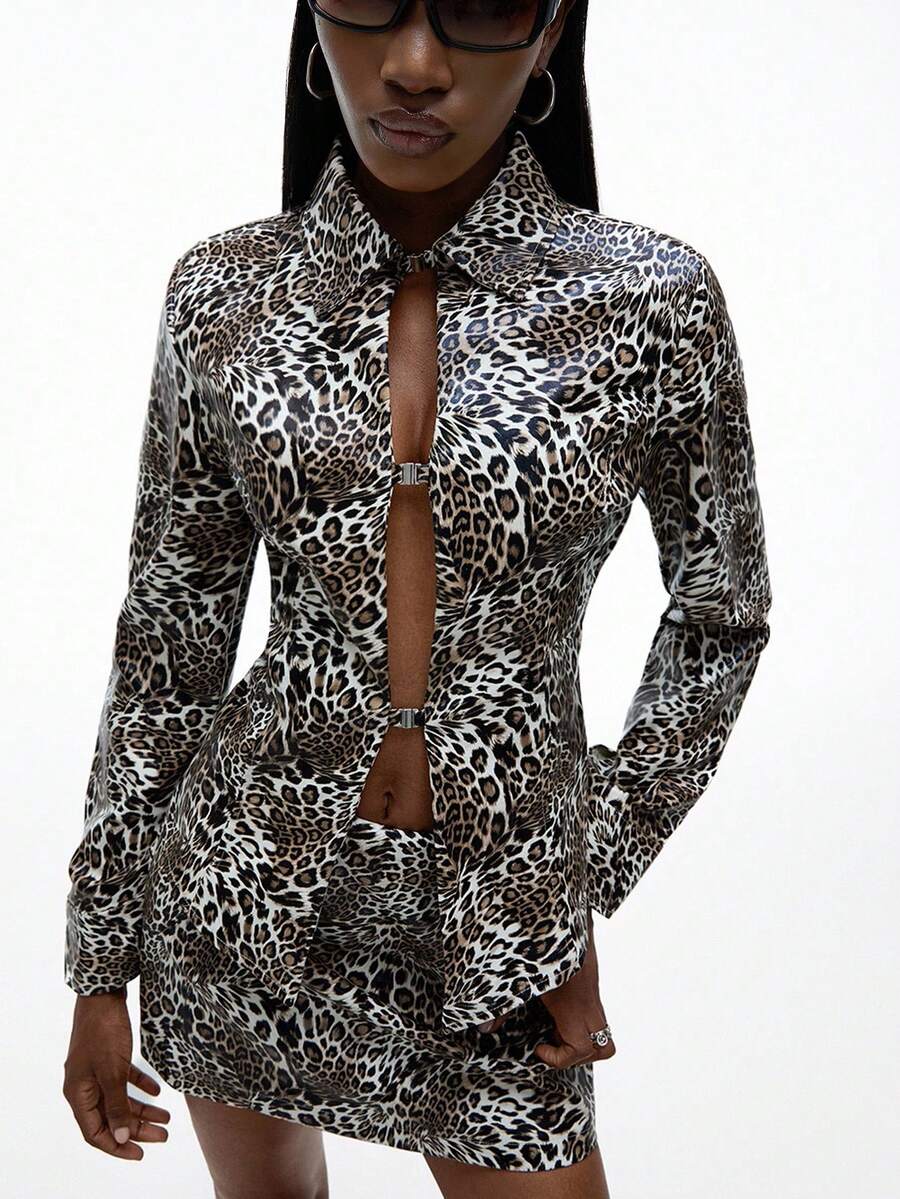 Aveloria GENKIRA Leopard Print PU Leather Hollow Front Random Print Shirt Paired With Skirt, Fashionable & Edgy 2 Pieces Set For Women Fall Cloth For Women - Multicolor - View 1