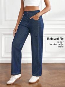 Flexra 女式口袋直筒宽松休闲百搭牛仔裤 - 藍色 - 查看 4