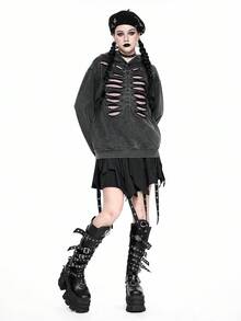 ROMWE Áo nỉ dài tay có mũ trùm đầu in hình đầu lâu khoét rỗng phong cách Gothic dành cho nữ, Halloween - Xám - Xem 10