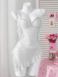 PetitDoll Bộ 2 chân váy mini voan xếp ly bất đối xứng - trắng - Xem 6