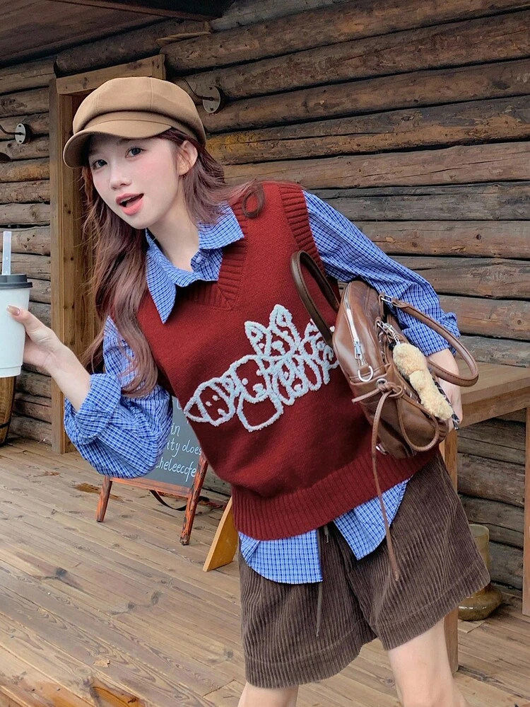 Women's Casual V-Neck Cartoon Dog Pattern Knitted Vest, Versatile For Autumn Christmas,New Year